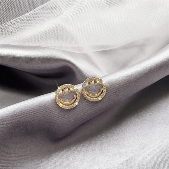 NEW Yellow Gold Diamond Smiley Face Stud Earrings - Picture 5 of 12